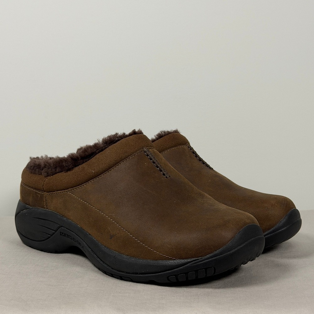 Merrell Encore Chill Mens 8 Brown Leather Faux Fur Lined Slip On Clogs J001907